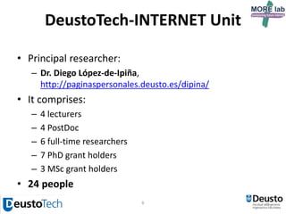 6
DeustoTech-INTERNET Unit
• Principal researcher:
– Dr. Diego López-de-Ipiña,
http://paginaspersonales.deusto.es/dipina/
• It comprises
(http://www.morelab.deusto.es/labman/people/members/
unit/deustotech-internet/):
– 4 lecturers (3 PhD holders)
– 4 PostDoc
– 4 Research Assistants
– 2 Research Interns
– 9 PhD grant holders
• 23 people
 