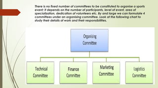 There is no fixed number of committees to be constituted to organise a sports
event; it depends on the number of participants, level of event, area of
specialization, dedication of volunteers etc. By and large we can formulate 4
committees under an organising committee. Look at the following chart to
study their details of work and their responsibilities.
 