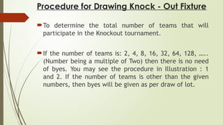 Procedure for Drawing Knock - Out Fixture
To determine the total number of teams that will
participate in the Knockout tournament.
If the number of teams is: 2, 4, 8, 16, 32, 64, 128, …..
(Number being a multiple of Two) then there is no need
of byes. You may see the procedure in Illustration : 1
and 2. If the number of teams is other than the given
numbers, then byes will be given as per draw of lot.
 