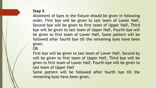 Step 5
Allotment of byes in the fixture should be given in following
order. First bye will be given to last team of Lower Half,
Second bye will be given to first team of Upper Half, Third
bye will be given to last team of Upper Half, Fourth bye will
be given to first team of Lower Half, Same pattern will be
followed after fourth bye till the remaining byes have been
given.
OR
First bye will be given to last team of Lower Half, Second by
will be given to first team of Upper Half, Third bye will be
given to first team of Lower Half, Fourth bye will be given to
last team of Upper Half
Same pattern will be followed after fourth bye till the
remaining byes have been given.
 