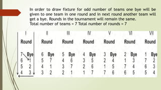 In order to draw fixture for odd number of teams one bye will be
given to one team in one round and in next round another team will
get a bye. Rounds in the tournament will remain the same.
Total number of teams = 7 Total number of rounds = 7
 