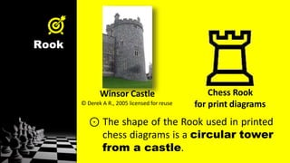 Rook
⊙ The shape of the Rook used in printed
chess diagrams is a circular tower
from a castle.
Winsor Castle
© Derek A R., 2005 licensed for reuse
Chess Rook
for print diagrams
 