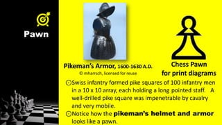 Pawn
⊙Swiss infantry formed pike squares of 100 infantry men
in a 10 x 10 array, each holding a long pointed staff. A
well-drilled pike square was impenetrable by cavalry
and very mobile.
⊙Notice how the pikeman’s helmet and armor
looks like a pawn.
Pikeman’s Armor, 1600-1630 A.D.
© mharrsch, licensed for reuse
Chess Pawn
for print diagrams
 