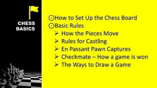 CHESS
BASICS
⊙How to Set Up the Chess Board
⊙Basic Rules
 How the Pieces Move
 Rules for Castling
 En Passant Pawn Captures
 Checkmate – How a game is won
 The Ways to Draw a Game
 