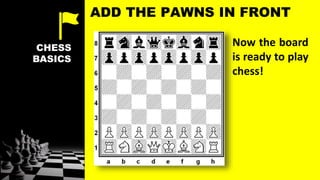 CHESS
BASICS
Now the board
is ready to play
chess!
ADD THE PAWNS IN FRONT
 