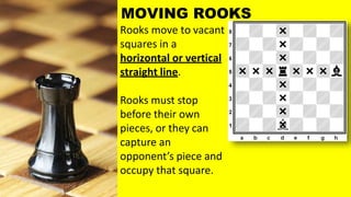 Rooks must stop
before their own
pieces, or they can
capture an
opponent’s piece and
occupy that square.
MOVING ROOKS
Rooks move to vacant
squares in a
horizontal or vertical
straight line.
 