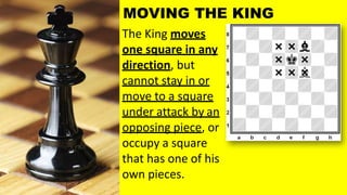 The King moves
one square in any
direction, but
cannot stay in or
move to a square
under attack by an
opposing piece, or
occupy a square
that has one of his
own pieces.
MOVING THE KING
 