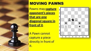 Pawns may capture
opponent’s pieces
that are one
diagonal square in
front of it.
A Pawn cannot
capture a piece
directly in front of
it.
MOVING PAWNS
 