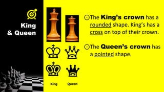 King
& Queen
King Queen
⊙The King’s crown has a
rounded shape. King’s has a
cross on top of their crown.
⊙The Queen’s crown has
a pointed shape.
 