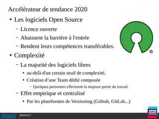 @hellosct1 -
Accélérateur de tendance 2020
●
Les logiciels Open Source
– Licence ouverte
– Abaissent la barrière à l'entré...