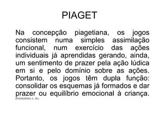 PIAGET Na concepção piagetiana, os jogos consistem numa simples assimilação funcional, num exercício das ações individuais já aprendidas gerando, ainda, um sentimento de prazer pela ação lúdica em si e pelo domínio sobre as ações. Portanto, os jogos têm dupla função: consolidar os esquemas já formados e dar prazer ou equilíbrio emocional à criança.  ( PASSERINO, L. M.)  