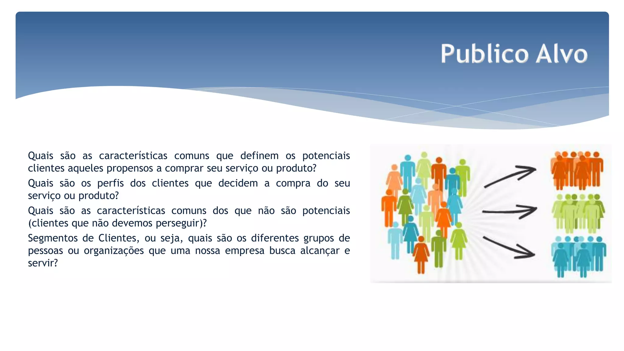 Quais são as características comuns que definem os potenciais
clientes aqueles propensos a comprar seu serviço ou produto?
Quais são os perfis dos clientes que decidem a compra do seu
serviço ou produto?
Quais são as características comuns dos que não são potenciais
(clientes que não devemos perseguir)?
Segmentos de Clientes, ou seja, quais são os diferentes grupos de
pessoas ou organizações que uma nossa empresa busca alcançar e
servir?
 