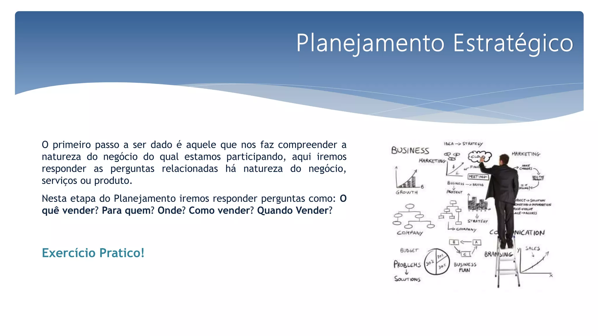 O primeiro passo a ser dado é aquele que nos faz compreender a
natureza do negócio do qual estamos participando, aqui iremos
responder as perguntas relacionadas há natureza do negócio,
serviços ou produto.
Nesta etapa do Planejamento iremos responder perguntas como: O
quê vender? Para quem? Onde? Como vender? Quando Vender?
Exercício Pratico!
Planejamento Estratégico
 