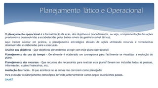 O planejamento operacional é a formalização da ação, dos objetivos e procedimentos, ou seja, a implementação das ações
previamente desenvolvidas e estabelecidas pelos baixos níveis de gerência (nível tático).
Aqui iremos colocar em prática, o planejamento estratégico através de ações utilizando recursos e ferramentas
desenvolvidas e elaboradas para a execução.
Análise dos objetivos - Que objetivos pretendemos atingir com este plano operacional?
Planejamento do uso do tempo - Geralmente é elaborado um cronograma para facilmente se visualizar a evolução do
plano.
Planejamento dos recursos - Que recursos são necessários para realizar este plano? Devem ser incluídas todas as pessoas,
informações, custos financeiros, etc.
Avaliação dos riscos - O que acontece se as coisas não correrem como planejado?
Para executar o planejamento estratégico definido anteriormente vamos seguir os próximos passos.
SMART
 