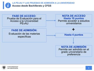 4
LA PEvAU Y LAS PRUEBAS DE ADMISIÓN A LA UNIVERSIDAD
Acceso desde Bachillerato y CFGS
FASE DE ACCESO:
Prueba de Evaluación para el
Acceso a la Universidad
PEvAU
FASE DE ADMISIÓN:
Evaluación de las materias
específicas
NOTA DE ACCESO
Hasta 10 puntos
Permite acceder a estudios
universitarios
Hasta 4 puntos
+
NOTA DE ADMISIÓN
Permite ser admitido en el
grado universitario de
preferencia
 