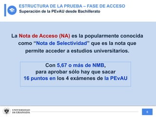 8
ESTRUCTURA DE LA PRUEBA – FASE DE ACCESO
Superación de la PEvAU desde Bachillerato
La Nota de Acceso (NA) es la popularmente conocida
como “Nota de Selectividad” que es la nota que
permite acceder a estudios universitarios.
Con 5,67 o más de NMB,
para aprobar sólo hay que sacar
16 puntos en los 4 exámenes de la PEvAU
 