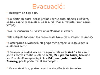 Evacuació: 
 Baixarem en files d’un. 
Cal sortir en ordre, sense pressa i sense crits. Només a l’hivern, 
podreu agafar la jaqueta si es té a mà. Mai la motxilla (pren espai i 
temps). 
No us separareu del vostre grup (tampoc al carrer). 
Els delegats tancaran les finestres de l’aula (el professor, la porta). 
Començaran l'evacuació els grups més propers a l'escala per la 
qual toqui sortir. 
L’evacuació es divideix en tres grups: els de la 4a i 1a baixaran 
per les escales centrals; els de la 3a, 2a i planta baixa, baixaran 
per l’escala d’emergència; i els d’E.F., menjador i aula de 
Disseny, per la porta metàl·lica del pati. 
 En cas de dubte, podeu consultar els plànols de les aules. 
 