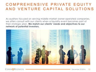 December 23,2016
As auditors focused on serving middle-market owner-operated companies,
we often consult with our clients when a liquidity event becomes part of
their strategic plan. We match our clients’ needs and objectives to our
network of potential investors.
C O M P R E H E N S I V E P R I VAT E E Q U I T Y
A N D V E N T U R E C A P I TA L S O L U T I O N S
10
 