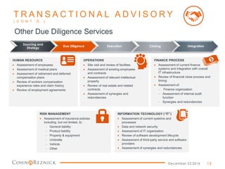 December 23,2016
Other Due Diligence Services
HUMAN RESOURCE
 Assessment of employees
 Assessment of medical plans
 Assessment of retirement and deferred
compensation plans
 Review of workers compensation
experience rates and claim history
 Review of employment agreements
OPERATIONS
 Site visit and review of facilities
 Assessment of existing employees
and contracts
 Assessment of relevant intellectual
property
 Review of real estate and related
contracts
 Assessment of synergies and
redundancies
FINANCE PROCESS
 Assessment of current finance
systems and integration with overall
IT infrastructure
 Review of financial close process and
timing
 Assessment of:
 Finance organization
 Assessment of internal audit
function
 Synergies and redundancies
Sourcing and
Strategy
Due Diligence Execution Closing Integration
T R A N S A C T I O N A L A D V I S O R Y
( C O N T ’ D . )
13
RISK MANAGEMENT
 Assessment of insurance policies
including, but not limited, to:
 General liability
 Product liability
 Property & equipment
 Umbrella
 Vehicle
 Other
INFORMATION TECHNOLOGY (“IT”)
 Assessment of current systems and
processes
 Data and network security
 Assessment of IT organization
 Review of software development lifecycle
 Assessment of third-party service and software
providers
 Assessment of synergies and redundancies
 