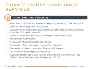 P R I VAT E E Q U I T Y C O M P L I A N C E
S E R V I C E S
December 23,2016 15
• Annual audit of financial statements. Reporting under U.S. GAAP and IFRS
• Cayman Islands-registered fund audits
• Consultation on partnership agreements, private placement memoranda,
and other offering documents
• Domestic and international tax planning and entity structuring
• Performance examinations
• Preparation of partnership tax allocations
• Preparation of tax returns and partners’ Schedule K-1s
• Quarterly compilation or review of financial statements
• SBIC financial reporting and compliance
• Structural and tax advice on Surprise examinations to comply with Rule
206(4)-2 under the Investment Advisers Act of 1940
FUND COMPLIANCE SERVICES$$
 
