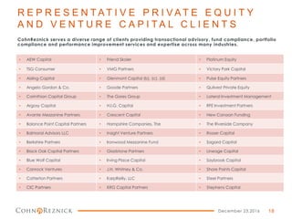 R E P R E S E N T A T I V E P R I V A T E E Q U I T Y
A N D V E N T U R E C A P I T A L C L I E N T S
CohnReznick serves a diverse range of clients providing transactional advisory, fund compliance, portfolio
compliance and performance improvement services and expertise across many industries.
December 23,2016
• AEW Capital • Friend Skoler • Platinum Equity
• TSG Consumer • VMG Partners • Victory Park Capital
• Aisling Capital • Glenmont Capital (b), (c), (d) • Pulse Equity Partners
• Angelo Gordon & Co. • Goode Partners • Quilvest Private Equity
• Corinthian Capital Group • The Gores Group • Lateral Investment Management
• Argosy Capital • H.I.G. Capital • RFE Investment Partners
• Avante Mezzanine Partners • Crescent Capital • New Canaan Funding
• Balance Point Capital Partners • Hampshire Companies, The • The Riverside Company
• Balmoral Advisors LLC • Insight Venture Partners • Rosser Capital
• Berkshire Partners • Ironwood Mezzanine Fund • Sagard Capital
• Black Oak Capital Partners • Gladstone Partners • Lineage Capital
• Blue Wolf Capital • Irving Place Capital • Saybrook Capital
• Canrock Ventures • J.H. Whitney & Co. • Shore Points Capital
• Catterton Partners • KarpReilly, LLC • Steel Partners
• CIC Partners • KRG Capital Partners • Stephens Capital
18
 