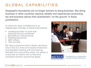 G L O B A L C A PA B I L I T I E S
To meet this need, CohnReznick is an
independent member of Nexia International.
 Leading provider of audit and
advisory services worldwide
 $2.9 billion in total revenue
 23,000 professionals
 600+ offices
 105 countries
We take a proactive role in Nexia, serving as
one of two U.S. firms on its board of directors
and regularly meeting with and training
member firms around the world. This allows us
to provide our clients with unified and
consistent solutions around the globe.
Geographic boundaries are no longer barriers to doing business. But doing
business in other countries requires reliable and experienced accounting,
tax and business advice from practitioners “on the ground” in those
jurisdictions.
December 23,2016 5
CohnReznick is an independent
member of Nexia International
 