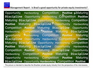 Management Report - Is Brazil a good opportunity for private equity investments?

Opportunity Hardworking Competition Positive Maturing
Discipline Opportunity Hardworking Competition Positive
Maturing Discipline Opportunity Hardworking Competition
Positive Maturing Discipline Opportunity Hardworking
Competition Positive Maturing Discipline Opportunity
Hardworking Competition Positive Maturing Discipline
Opportunity Hardworking Competition Positive Maturing
Discipline Opportunity Hardworking Competition Positive
Maturing Discipline Opportunity Hardworking Competition
Positive Maturing Discipline Opportunity Hardworking
Competition Positive Maturing Discipline Opportunity
Hardworking Competition Positive Maturing Discipline
Opportunity Hardworking Competition Positive Maturing
Discipline Opportunity Hardworking Competition Positive
The picture is intended to describe the Brazilian private equity industry from the perspective of the interviewees.
 