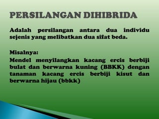 Adalah persilangan antara dua individu sejenis yang melibatkan dua sifat beda. Misalnya: Mendel menyilangkan kacang ercis berbiji bulat dan berwarna kuning (BBKK) dengan tanaman kacang ercis berbiji kisut dan berwarna hijau (bbkk) 