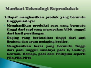 1.Dapat menghasilkan produk yang bermutu tinggi,misalnya: Menghasilkan produksi susu yang bermutu tinggi dari sapi yang merupakan bibit unggul dari hasil persilangan. Daging yang berkualitas tinggi dari sapi Brahma dan ayam pedaging broiler. Menghasilkan beras yang bermutu tinggi dari padi unggul misalnya padi C, Gading, Centani, Remaja, padi dari Philipina seperti PB5,PB8,PB36 