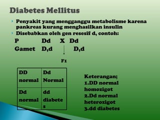 Penyakit yang mengganggu metabolisme karena pankreas kurang menghasilkan insulin Disebabkan oleh gen resesif d, contoh:  P  Dd  X  Dd Gamet D,d D,d     F1 Keterangan; 1.DD normal homozigot 2.Dd normal heterozigot 3.dd diabetes DD normal Dd Normal Dd normal dd diabetes 