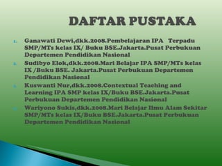 Ganawati Dewi,dkk.2008.Pembelajaran IPA  Terpadu SMP/MTs kelas IX/ Buku BSE.Jakarta.Pusat Perbukuan Departemen Pendidikan Nasional Sudibyo Elok,dkk.2008.Mari Belajar IPA SMP/MTs kelas IX /Buku BSE. Jakarta.Pusat Perbukuan Departemen Pendidikan Nasional Kuswanti Nur,dkk.2008.Contextual Teaching and Learning IPA SMP kelas IX/Buku BSE.Jakarta.Pusat Perbukuan Departemen Pendidikan Nasional Wariyono Sukis,dkk.2008.Mari Belajar Ilmu Alam Sekitar SMP/MTs kelas IX/Buku BSE.Jakarta.Pusat Perbukuan Departemen Pendidikan Nasional 