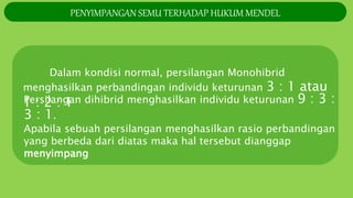 Dalam kondisi normal, persilangan Monohibrid
menghasilkan perbandingan individu keturunan 3 : 1 atau
1 : 2 : 1Persilangan dihibrid menghasilkan individu keturunan 9 : 3 :
3 : 1.
Apabila sebuah persilangan menghasilkan rasio perbandingan
yang berbeda dari diatas maka hal tersebut dianggap
menyimpang
PENYIMPANGAN SEMU TERHADAP HUKUM MENDEL
 
