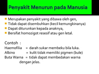  Merupakan penyakit yang dibawa oleh gen,
 Tidak dapat disembuhkan (kecil kemungkinanya)
 Dapat diturunkan kepada anaknya,
 Bersifat homozigot resesif atau gen letal.


Contoh :
Haemofilia = darah sukar membeku bila luka.
Albino     = kulit tidak memiliki pigmen (bule)
Buta Warna = tidak dapat membedakan warna
        dengan jelas.
 
