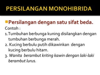 Persilangan dengan satu sifat beda.
Contoh :
1.Tumbuhan berbunga kuning disilangkan dengan
  tumbuhan berbunga merah.
2. Kucing berbulu putih dikawinkan dengan
  kucing berbulu hitam.
3. Wanita berambut kriting kawin dengan laki-laki
  berambut lurus.
 
