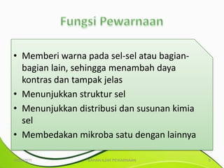 • Memberi warna pada sel-sel atau bagian-
  bagian lain, sehingga menambah daya
  kontras dan tampak jelas
• Menunjukkan struktur sel
• Menunjukkan distribusi dan susunan kimia
  sel
• Membedakan mikroba satu dengan lainnya

10/25/2011       BAHAN AJAR PEWARNAAN        9
 