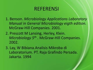 REFERENSI
1. Benson. Microbiology Applications Laboratory
Manual in General Microbiology eigth edition.
McGraw-Hill Companies. 2001.
2. Prescott M Lansing, Herley, Klein.
Microbiology 5th . McGraw-Hill Companies.
2002.
3. Lay, W Bibiana.Analisis Mikroba di
Laboratorium. PT. Raja Grafindo Persada.
Jakarta. 1994

 