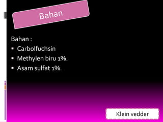 Bahan :
 Carbolfuchsin
 Methylen biru 1%.
 Asam sulfat 1%.




                      Klein vedder
 