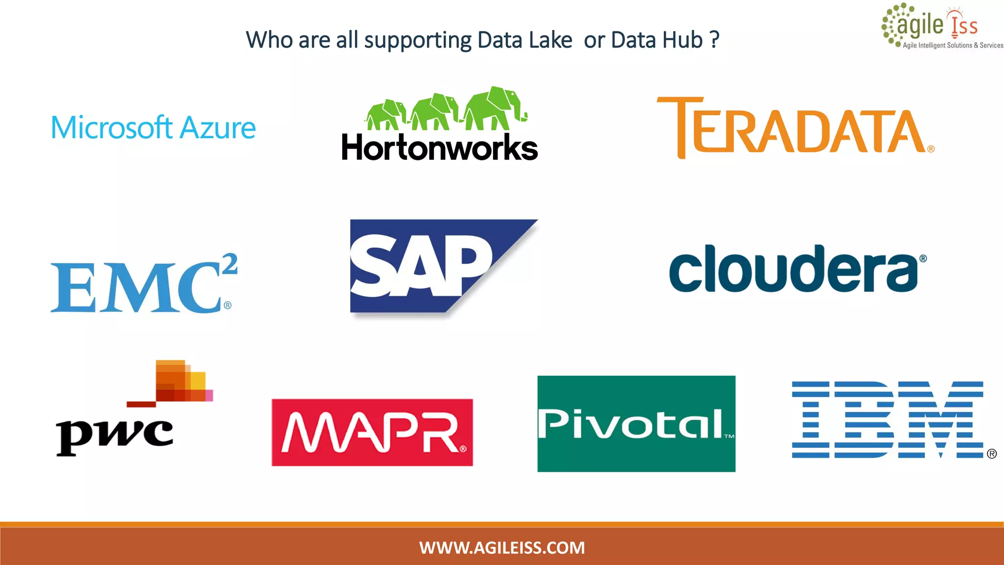 Who are all supporting Data Lake or Data Hub ?
WWW.AGILEISS.COM
17
 