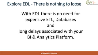 Explore EDL - There is nothing to loose
WWW.AGILEISS.COM
18
With EDL there is no need for
expensive ETL, Databases
and
long delays associated with your
BI & Analytics Platform.
 