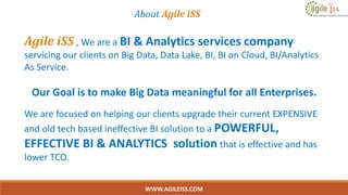 About Agile iSS
Agile iSS , We are a BI & Analytics services company
servicing our clients on Big Data, Data Lake, BI, BI on Cloud, BI/Analytics
As Service.
Our Goal is to make Big Data meaningful for all Enterprises.
We are focused on helping our clients upgrade their current EXPENSIVE
and old tech based ineffective BI solution to a POWERFUL,
EFFECTIVE BI & ANALYTICS solution that is effective and has
lower TCO.
WWW.AGILEISS.COM
2
 