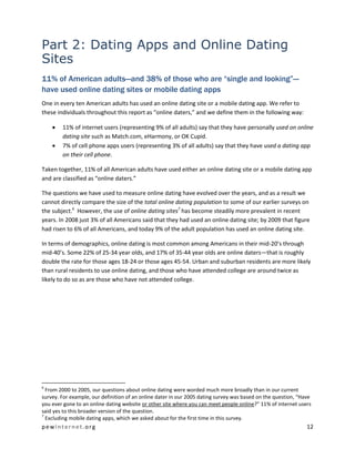 pewinternet .org 12 
Part 2: Dating Apps and Online Dating Sites 
11% of American adults—and 38% of those who are “single and looking”— have used online dating sites or mobile dating apps 
One in every ten American adults has used an online dating site or a mobile dating app. We refer to these individuals throughout this report as “online daters,” and we define them in the following way: 
 11% of internet users (representing 9% of all adults) say that they have personally used on online dating site such as Match.com, eHarmony, or OK Cupid. 
 7% of cell phone apps users (representing 3% of all adults) say that they have used a dating app on their cell phone. 
Taken together, 11% of all American adults have used either an online dating site or a mobile dating app and are classified as “online daters.” 
The questions we have used to measure online dating have evolved over the years, and as a result we cannot directly compare the size of the total online dating population to some of our earlier surveys on the subject.6 However, the use of online dating sites7 has become steadily more prevalent in recent years. In 2008 just 3% of all Americans said that they had used an online dating site; by 2009 that figure had risen to 6% of all Americans, and today 9% of the adult population has used an online dating site. 
In terms of demographics, online dating is most common among Americans in their mid-20’s through mid-40’s. Some 22% of 25-34 year olds, and 17% of 35-44 year olds are online daters—that is roughly double the rate for those ages 18-24 or those ages 45-54. Urban and suburban residents are more likely than rural residents to use online dating, and those who have attended college are around twice as likely to do so as are those who have not attended college. 
6 From 2000 to 2005, our questions about online dating were worded much more broadly than in our current survey. For example, our definition of an online dater in our 2005 dating survey was based on the question, “Have you ever gone to an online dating website or other site where you can meet people online?” 11% of internet users said yes to this broader version of the question. 
7 Excluding mobile dating apps, which we asked about for the first time in this survey.  