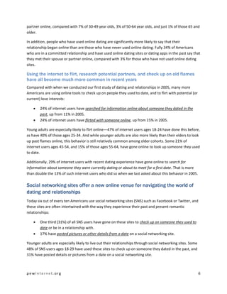 pewinternet .org 6 
partner online, compared with 7% of 30-49 year olds, 3% of 50-64 year olds, and just 1% of those 65 and older. 
In addition, people who have used online dating are significantly more likely to say that their relationship began online than are those who have never used online dating. Fully 34% of Americans who are in a committed relationship and have used online dating sites or dating apps in the past say that they met their spouse or partner online, compared with 3% for those who have not used online dating sites. 
Using the internet to flirt, research potential partners, and check up on old flames have all become much more common in recent years 
Compared with when we conducted our first study of dating and relationships in 2005, many more Americans are using online tools to check up on people they used to date, and to flirt with potential (or current) love interests: 
 24% of internet users have searched for information online about someone they dated in the past, up from 11% in 2005. 
 24% of internet users have flirted with someone online, up from 15% in 2005. 
Young adults are especially likely to flirt online—47% of internet users ages 18-24 have done this before, as have 40% of those ages 25-34. And while younger adults are also more likely than their elders to look up past flames online, this behavior is still relatively common among older cohorts. Some 21% of internet users ages 45-54, and 15% of those ages 55-64, have gone online to look up someone they used to date. 
Additionally, 29% of internet users with recent dating experience have gone online to search for information about someone they were currently dating or about to meet for a first date. That is more than double the 13% of such internet users who did so when we last asked about this behavior in 2005. 
Social networking sites offer a new online venue for navigating the world of dating and relationships 
Today six out of every ten Americans use social networking sites (SNS) such as Facebook or Twitter, and these sites are often intertwined with the way they experience their past and present romantic relationships: 
 One third (31%) of all SNS users have gone on these sites to check up on someone they used to date or be in a relationship with. 
 17% have posted pictures or other details from a date on a social networking site. 
Younger adults are especially likely to live out their relationships through social networking sites. Some 48% of SNS users ages 18-29 have used these sites to check up on someone they dated in the past, and 31% have posted details or pictures from a date on a social networking site.  