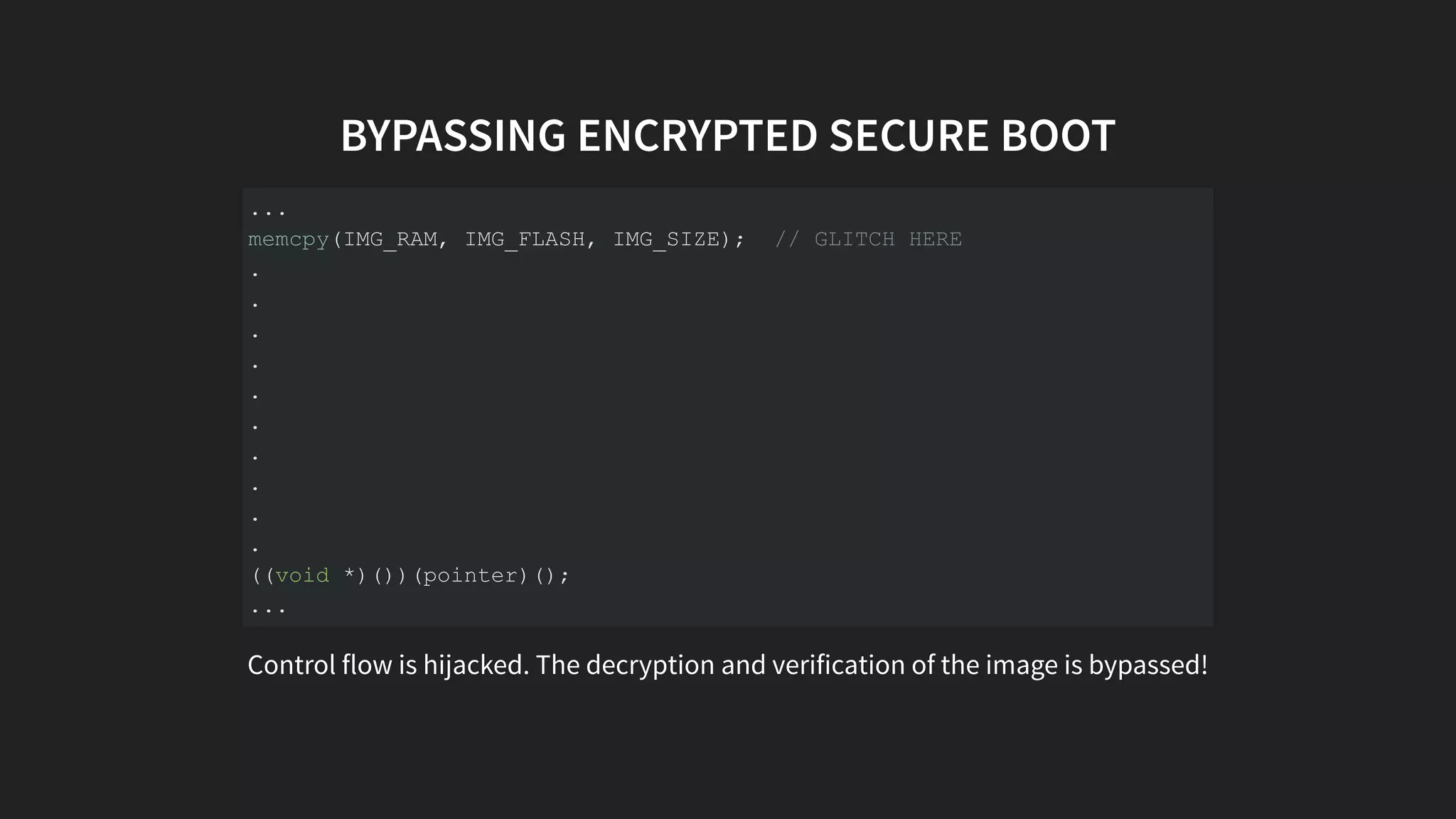 BYPASSING ENCRYPTED SECURE BOOT
Control flow is hijacked. The decryption and verification of the image is bypassed!
...
memcpy(IMG_RAM, IMG_FLASH, IMG_SIZE); // GLITCH HERE
.
.
.
.
.
.
.
.
.
.
((void *)())(pointer)();
...
 