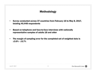 June 27, 2017 3
Methodology
• Survey conducted across 37 countries from February 16 to May 8, 2017,
totaling 40,448 respondents
• Based on telephone and face-to-face interviews with nationally
representative samples of adults 18 and older
• The margin of sampling error for the completed set of weighted data is
±3.0% - ±5.7%
 