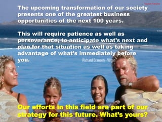 Source: Fanzine

The upcoming transformation of our society
presents one of the greatest business
opportunities of the next 100 years.

This will require patience as well as
perseverance; to anticipate what’s next and
plan for that situation as well as taking
advantage of what’s immediately before
you.
.




Our efforts in this field are part of our
strategy for this future. What’s yours?
 