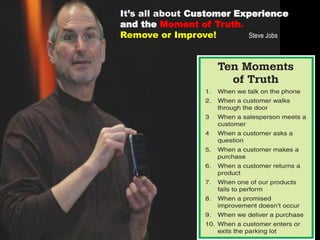 It’s all about Customer Experience
and the Moment of Truth.
Remove or Improve!        Steve Jobs
 