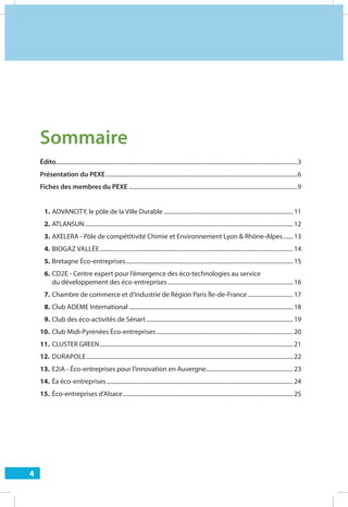 4
Édito......................................................................................................................................................................3
Présentation du PEXE....................................................................................................................................6
Fiches des membres du PEXE ....................................................................................................................9
1. ADVANCITY, le pôle de la Ville Durable ......................................................................................... 11
2. ATLANSUN............................................................................................................................................... 12
3. AXELERA - Pôle de compétitivité Chimie et Environnement Lyon & Rhône-Alpes....... 13
4. BIOGAZ VALLÉE..................................................................................................................................... 14
5. Bretagne Éco-entreprises................................................................................................................... 15
6. CD2E - Centre expert pour l’émergence des éco-technologies au service
du développement des éco-entreprises ...................................................................................... 16
7. Chambre de commerce et d’industrie de Région Paris Île-de-France ............................... 17
8. Club ADEME International................................................................................................................. 18
9. Club des éco-activités de Sénart..................................................................................................... 19
10. Club Midi-Pyrénées Éco-entreprises.............................................................................................. 20
11. CLUSTER GREEN..................................................................................................................................... 21
12. DURAPOLE.............................................................................................................................................. 22
13. E2iA - Éco-entreprises pour l’innovation en Auvergne............................................................ 23
14. Éa éco-entreprises ................................................................................................................................ 24
15. Éco-entreprises d’Alsace..................................................................................................................... 25
Sommaire
4
 