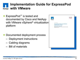 Implementation Guide for ExpressPod
     with VMware

 ExpressPod™ is tested and
  documented by Cisco and NetApp
  with VMware vSphere® virtualization
  platform


 Documented deployment process
  – Deployment instructions
  – Cabling diagrams
  – Bill of materials



                                           13
 