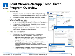 Joint VMware-NetApp “Test Drive”
  Program Overview
 What is it?
   –   Integrated program for awareness & demand gen allowing
       prospects to experience VMware-NetApp combined solutions
   –   Co-funded campaign targeting net new SMB/MSB contacts

 Why should you care
   –   Air cover in the SMB/MSB space for VMware-NetApp solutions
   –   Targeting 4.8K Test Drives over at least 9 months, passing
       qualified leads to joint partners
   –   Components include: media, search, and social; automated 3-
       touch nurture; and sales enablement tools

 How can you benefit
   –   Increase revenue and profits with leading virtualization
       solutions from VMware and NetApp, options include:
          Virtualize servers and storage – NetApp FAS2200 Unified System &
           VMware vSphere with Operations Management (vSOM) Std AK
           starting under $19K
          Protect Applications – Second NetApp FAS2200 Unified System and
           data protection and disaster recovery software from NetApp &
           VMware vSphere with Operations Management (vSOM) Ent starting
           under $31K
          Consolidation and Automation – ExpressPod solution from NetApp
           and Cisco with VMware vSOM Ent+ starting under $60K




                                      NetApp Confidential - Internal Use Only   24
 