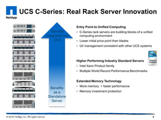 UCS C-Series: Real Rack Server Innovation

                         Entry Point to Unified Computing
           Benefits      • C-Series rack servers are building blocks of a unified
       integrated with     computing environment
            UCS          • Lower initial price point than blades
                         • UI/ management consistent with other UCS systems




                         Higher Performing Industry Standard Servers
                         • Intel Xeon Product family
                         • Multiple World Record Performance Benchmarks


                         Extended Memory Technology
                         • More memory = faster performance
         Benefits
           as a          • Memory investment protection
        Standalone
          Server



                                                                                    6
 